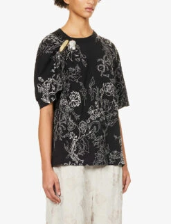 Dries Van Noten Brooch-embellished Floral-print Cotton T-shirt -Whistles Store R04180735 BLACK ALT02