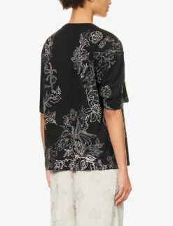 Dries Van Noten Brooch-embellished Floral-print Cotton T-shirt -Whistles Store R04180735 BLACK ALT03