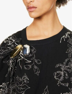 Dries Van Noten Brooch-embellished Floral-print Cotton T-shirt -Whistles Store R04180735 BLACK ALT04