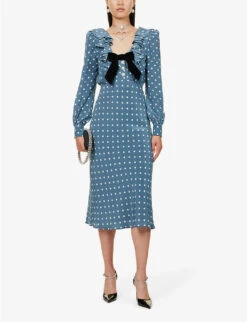 Polka-dot Patterned Ruffle-neck Regular-fit Silk Midi Dress -Whistles Store R04181312 TEALBLUEIVORY ALT01