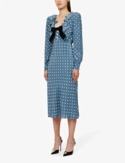 Polka-dot Patterned Ruffle-neck Regular-fit Silk Midi Dress -Whistles Store R04181312 TEALBLUEIVORY ALT02