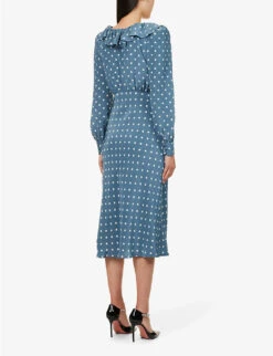 Polka-dot Patterned Ruffle-neck Regular-fit Silk Midi Dress -Whistles Store R04181312 TEALBLUEIVORY ALT03