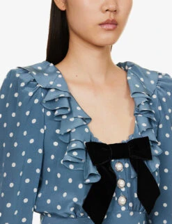 Polka-dot Patterned Ruffle-neck Regular-fit Silk Midi Dress -Whistles Store R04181312 TEALBLUEIVORY ALT04