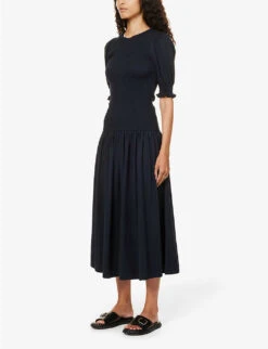 ME AND EM Smocked Puff-sleeve Cotton Maxi Dress 9 ME AND EM Smocked Puff-sleeve Cotton Maxi Dress -Whistles Store R04181866 NAVY ALT02