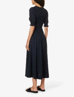 ME AND EM Smocked Puff-sleeve Cotton Maxi Dress 10 ME AND EM Smocked Puff-sleeve Cotton Maxi Dress -Whistles Store R04181866 NAVY ALT03