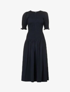 ME AND EM Smocked Puff-sleeve Cotton Maxi Dress