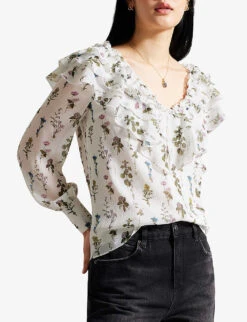 Ted Baker Avarose Frill-neck Floral-print Woven Blouse -Whistles Store R04186854 WHITE ALT02