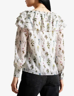 Ted Baker Avarose Frill-neck Floral-print Woven Blouse -Whistles Store R04186854 WHITE ALT03