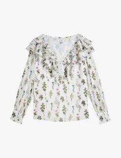 Ted Baker Avarose Frill-neck Floral-print Woven Blouse