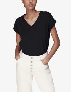 Whistles Willa V-neck Organic-cotton T-shirt 10 Whistles Willa V-neck Organic-cotton T-shirt -Whistles Store R04187560 BLACK ALT02