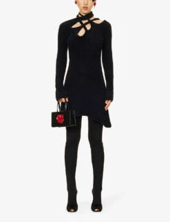 Asymmetric-neckline Brushed-texture Knitted Mini Dress -Whistles Store R04187981 BLACK ALT01