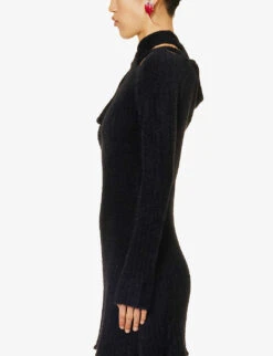 Asymmetric-neckline Brushed-texture Knitted Mini Dress -Whistles Store R04187981 BLACK ALT02
