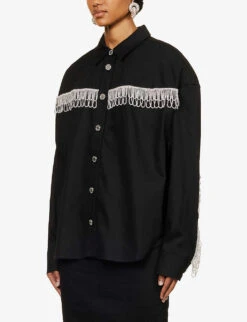 ROTATE Birger Christensen Crystal-fringe Oversized Organic-cotton Twill Shirt 10 ROTATE Birger Christensen Crystal-fringe Oversized Organic-cotton Twill Shirt -Whistles Store R04188251 BLACK ALT02