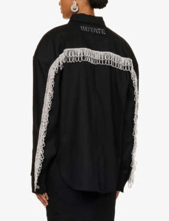 ROTATE Birger Christensen Crystal-fringe Oversized Organic-cotton Twill Shirt 11 ROTATE Birger Christensen Crystal-fringe Oversized Organic-cotton Twill Shirt -Whistles Store R04188251 BLACK ALT03