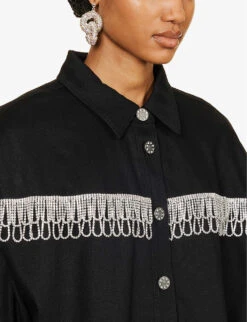 ROTATE Birger Christensen Crystal-fringe Oversized Organic-cotton Twill Shirt 12 ROTATE Birger Christensen Crystal-fringe Oversized Organic-cotton Twill Shirt -Whistles Store R04188251 BLACK ALT04
