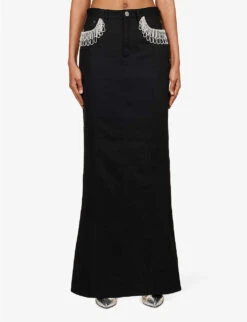 ROTATE Birger Christensen Crystal-fringe Organic-cotton Maxi Skirt -Whistles Store R04188252 BLACK ALT02