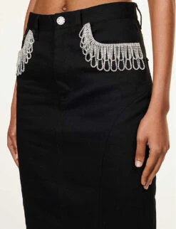 ROTATE Birger Christensen Crystal-fringe Organic-cotton Maxi Skirt -Whistles Store R04188252 BLACK ALT04
