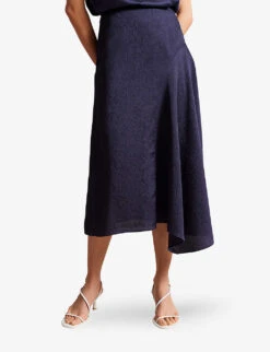Ted Baker Francic High-waisted Asymmetric Stretch-satin Midi Skirt -Whistles Store R04189320 NAVY ALT02