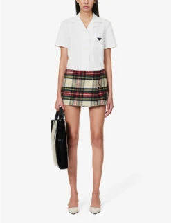 Prada Tartan Logo-appliqué Wool Mini Skirt -Whistles Store R04192401 AVORIO ALT01