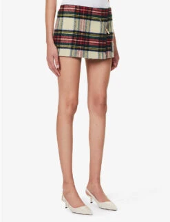 Prada Tartan Logo-appliqué Wool Mini Skirt -Whistles Store R04192401 AVORIO ALT02