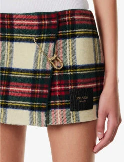 Prada Tartan Logo-appliqué Wool Mini Skirt -Whistles Store R04192401 AVORIO ALT04