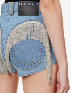 Mugler Crystal-embellished Mid-rise Stretch-denim Shorts -Whistles Store R04192667 LIGHTBLUE ALT04