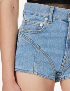 Mugler Crystal-embellished Mid-rise Stretch-denim Shorts -Whistles Store R04192667 LIGHTBLUE ALT05