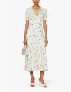 SELF PORTRAIT Floral-print Lace-trim Satin Midi Dress -Whistles Store R04195744 GREEN ALT01