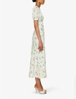 SELF PORTRAIT Floral-print Lace-trim Satin Midi Dress -Whistles Store R04195744 GREEN ALT02