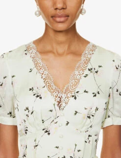 SELF PORTRAIT Floral-print Lace-trim Satin Midi Dress -Whistles Store R04195744 GREEN ALT04