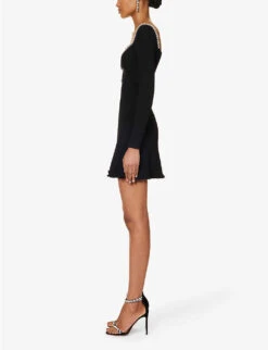 SELF PORTRAIT Diamante-embellished Ribbed-texture Knitted Mini Dress -Whistles Store R04195751 BLACK ALT02
