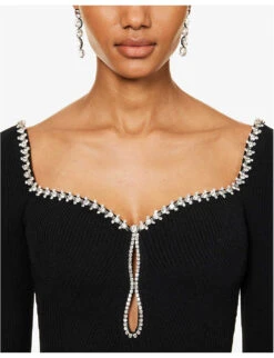 SELF PORTRAIT Diamante-embellished Ribbed-texture Knitted Mini Dress -Whistles Store R04195751 BLACK ALT04