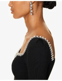 SELF PORTRAIT Diamante-embellished Ribbed-texture Knitted Mini Dress -Whistles Store R04195751 BLACK ALT05