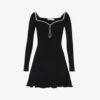 SELF PORTRAIT Diamante-embellished Ribbed-texture Knitted Mini Dress -Whistles Store R04195751 BLACK M