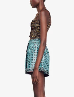 Sandro Carlito Graphic-print Smocked-bodice Cropped Woven Top -Whistles Store R04197739 NOIRGRIS ALT02