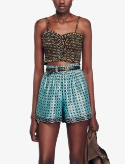 Sandro Carlito Graphic-print Smocked-bodice Cropped Woven Top -Whistles Store R04197739 NOIRGRIS ALT03