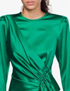 Sandro Memphis Ruffled Stretch-satin Midi Dress -Whistles Store R04197911 VERTS ALT04