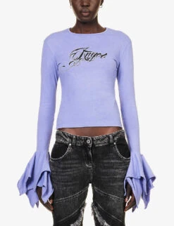 Blumarine Brand-print Ruffled-cuff Slim-fit Cotton-jersey T-shirt -Whistles Store R04199735 ULTRAVIOLETDAL ALT02