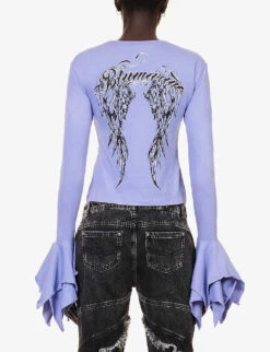 Blumarine Brand-print Ruffled-cuff Slim-fit Cotton-jersey T-shirt -Whistles Store R04199735 ULTRAVIOLETDAL ALT03