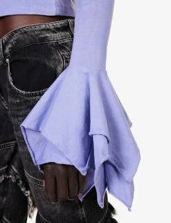 Blumarine Brand-print Ruffled-cuff Slim-fit Cotton-jersey T-shirt -Whistles Store R04199735 ULTRAVIOLETDAL ALT04